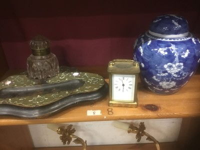 Lot 213 - Late Victorian inkstand, together with a Chinese blue and white ginger jar and cover and a brass carriage clock