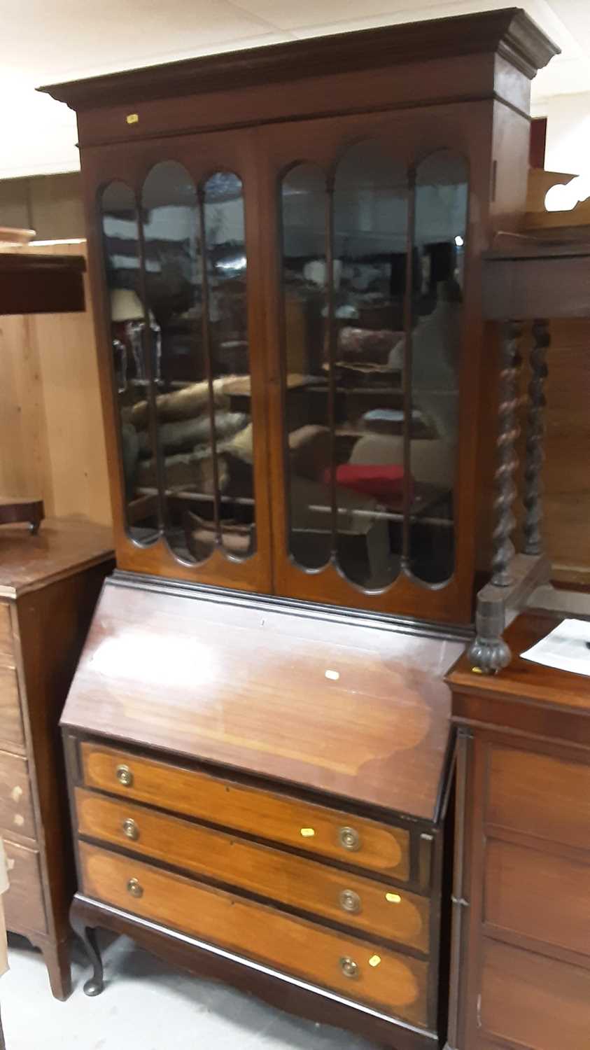 Lot 1086 - 1920's mahogany two height bureau bookcase with shelves above enclosed by two glazed doors, writing compartment and three drawers below on cabriole legs, 97cm wide, 47cm deep, 210cm high