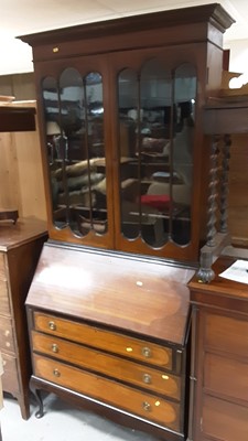 Lot 1018 - 1920's mahogany two height bureau bookcase with shelves above enclosed by two glazed doors, writing compartment and three drawers below on cabriole legs, 97cm wide, 47cm deep, 210cm high