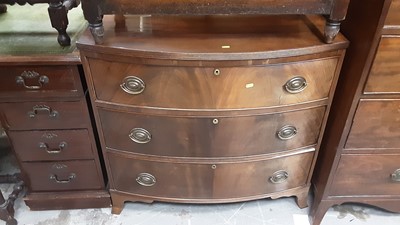 Lot 1142 - Nineteenth century mahogany bowfront chest of three long drawers on bracket feet, 90cm wide, 48cm deep, 82.5cm high