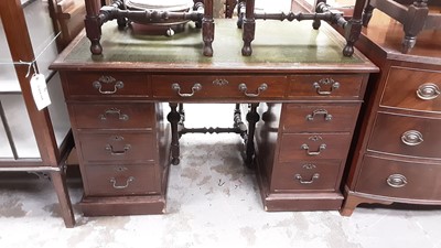 Lot 1144 - Edwardian twin pedestal desk with inset leather lined top and nine drawers below, 122cm high, 69cm deep, 76cm high