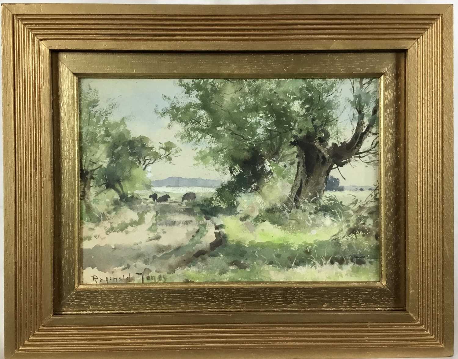 Lot 82 - Reginald Jones R.B.A (1857–1920) signed watercolour - landscape with cattle, 24cm x 17cm