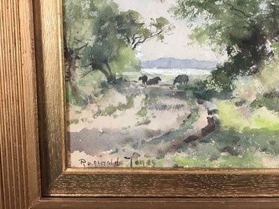 Lot 82 - Reginald Jones R.B.A (1857–1920) signed watercolour - landscape with cattle, 24cm x 17cm