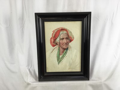 Lot 81 - Antonio Enrico Fiorentino (1894-1962) signed watercolour - portrait of an elderly lady, 24.5cm x 35cm in ebonised frame (36cm x 47cm overall)