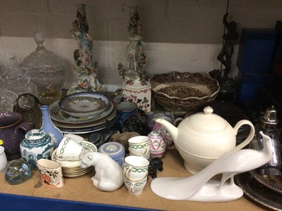 Lot 114 - Large group of glassware, china, silver plate, etc, including a pair of continental porcelain candlesticks