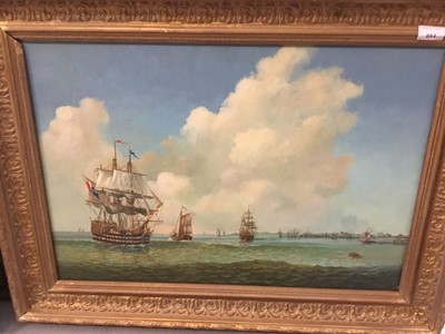 Lot 654 - English school oil on panel, naval scene in gilt frame and decorative pictures