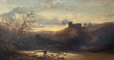 Lot 86 - 19th century oil on canvas, landscape at dusk, 24cm x 44cm, in gilt frame