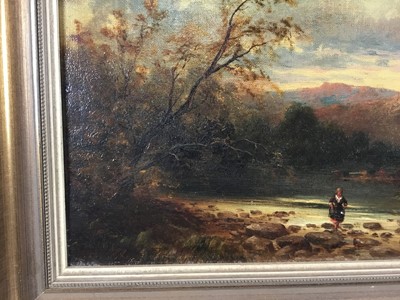 Lot 86 - 19th century oil on canvas, landscape at dusk, 24cm x 44cm, in gilt frame