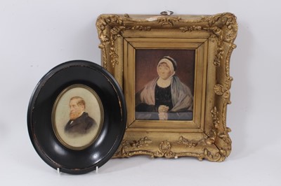 Lot 84 - Early 19th century portrait watercolour miniature on paper of a woman with glasses, together with a 19th century oval quarter-length portrait of a gentleman