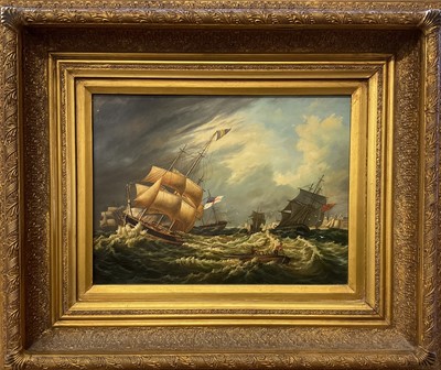 Lot 220 - 19th century style oil on board, boat in rough seas, 29 x 39cm, framed