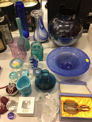 Lot 290 - Group of coloured glassware including mottled blue dish, toadstools, other paperweights, perfume bottles etc