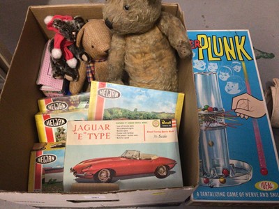 Lot 297 - Group of vintage toys and games including Jaguar E type Revell model in box, Heljan boxed model kits, bears etc