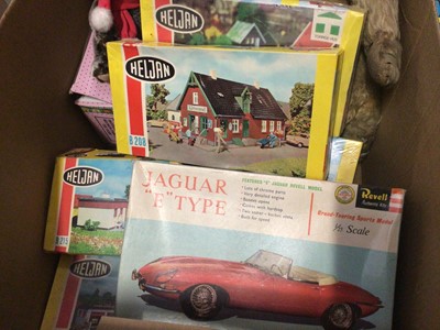Lot 297 - Group of vintage toys and games including Jaguar E type Revell model in box, Heljan boxed model kits, bears etc
