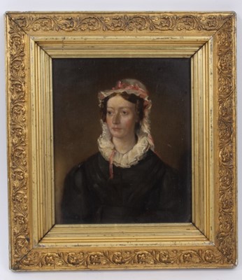 Lot 783 - English School, circa 1820, oil on panel portrait of a lady with bonnet