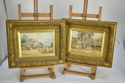 Lot 1089 - Mary S Hagarty (act. 1882-1938) pair of watercolours, farmyard scene and a harvest scene, 17cm x 24cm, in glazed gilt frames