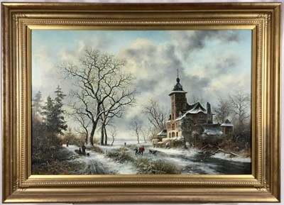 Lot 88 - Large 19th century Dutch style winter skating scene, signed H Hess, 59cm x 89cm, framed
