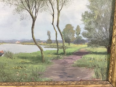 Lot 74 - 19th century Impressionist style oil indistinctly signed,  landscape with boat on a river, 27.5cm x 45.5cm, framed