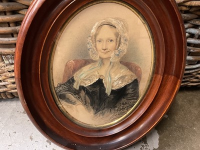 Lot 165 - Two 19th century oval watercolour portraits on paper, a printed miniature and an overpainted 17th century style miniature