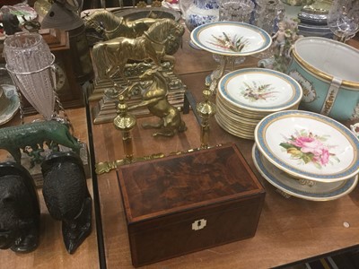 Lot 494 - Pair of brass models of horses, together with a mahogany tea caddy and brass fire dogs.