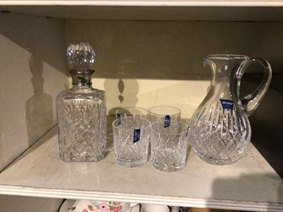 Lot 588 - Mappin & Webb cut glass decanter with silver collar together with four matching Stuart Crystal tumblers in box, together with a matching water jug