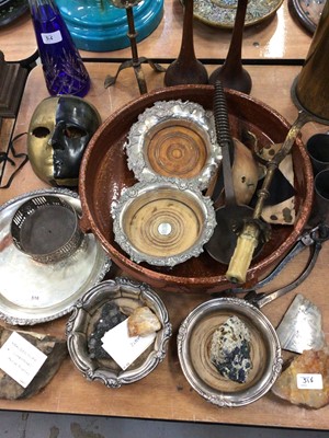 Lot 516 - Group of mixed items to include a Bohemian cut glass decanter, silver plated salver, wine coasters and other items.