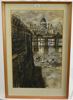 Lot 1287 - *Ian Hay ARCA (b.1940) mixed media - Thames shoreline with view of St Paul's Cathedral, signed, 63cm x 40.5cm in glazed frame