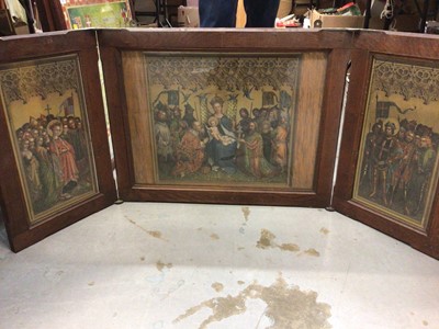 Lot 528 - Religious tryptic picture in oak frame and a mahogany framed wall mirror