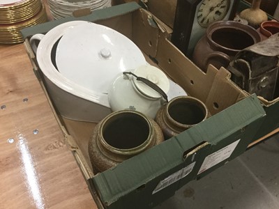 Lot 539 - Three boxes of stoneware flagons, Second World War gas masks, clock and other items.