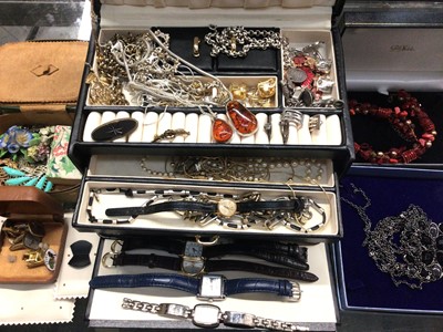 Lot 857 - Jewellery box containing silver and amber jewellery, charm bracelet, various chains, ladies 9ct gold cased wristwatch on leather strap, other watches and costume jewellery