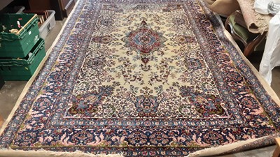 Lot 1201 - Good quality rug with central medallion on cream, red, blue and pink ground, 322cm x 211.5cm