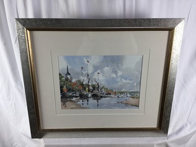 Lot 5 - Alan Smith (b.1941) watercolour - quayside (probably Maldon) with moored Thames barges, signed, 35cm x 25cm, in glazed frame