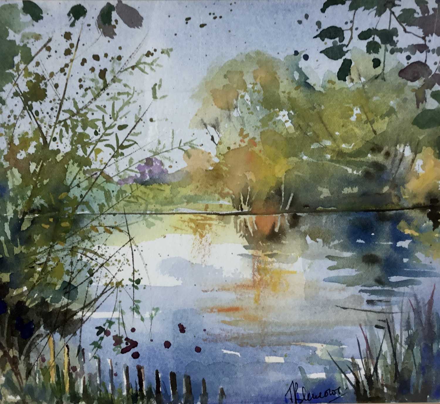 Lot 4 - Julia Blencowe (Contemporary) watercolour - ‘Autumn, the lake South Weald’, signed, 25cm x 23cm, in glazed frame