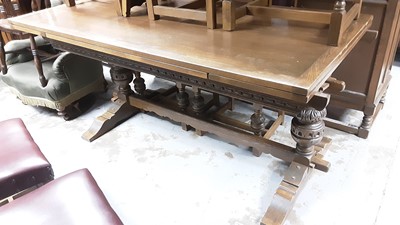 Lot 1209 - Old Charm oak draw leaf refectory style dining table on carved bulbous legs and end standards joined by stretcher, 183cm x 91cm, together with a matching set of eight dining chairs comprising two c...