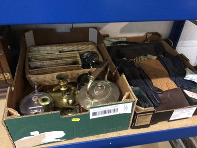 Lot 571 - A box of brass and copper ware, a box of gloves, bags, etc, and a copper warming pan