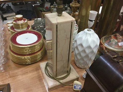 Lot 545 - Contemporary marble table lamp with inlaid brass decoration, 47cm in height and a Contemporary white glazed ceramic table lamp, 40cm in height. (2)