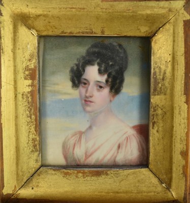 Lot 1214 - Manner of Henry Eldridge (1768-1821) miniature portrait on ivory of a lady, bust length, facing to the left, 6.5cm x 5.5cm, in gilt frame