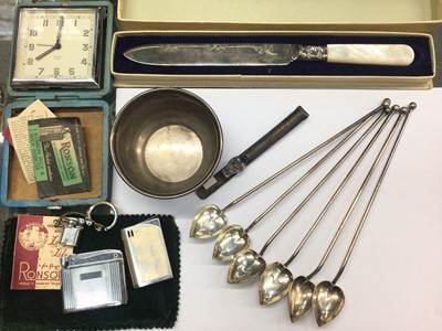 Lot 870 - Set of six 'Gorham Sterling" long handled teaspoons, Birks Sterling bowl, lighters, travel clock and sundries