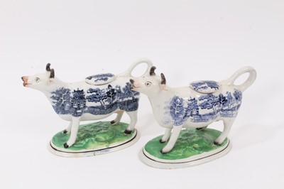 Lot 6 - A pair of 19th century Staffordshire pottery Willow pattern cow creamers