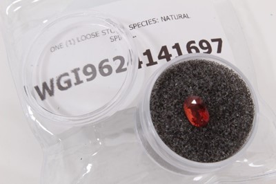 Lot 539 - Unmounted oval mixed cut natural red spinel of reddish orange colour grade, weighing approximately 1.31ct, with World Gemmological Institute Report