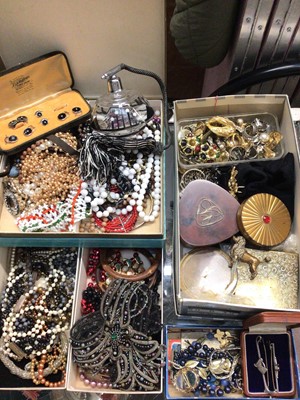 Lot 879 - Quantity of vintage bead necklaces, silver and black enamel dress stud set, two silver bar brooches, powder compacts, Art Deco perfume bottle, brass poodle tape measure and other bijouterie