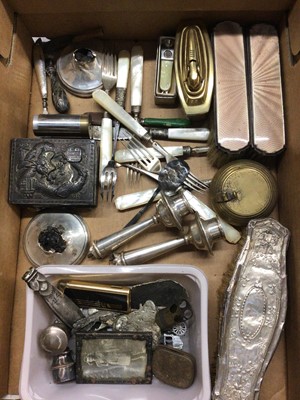 Lot 889 - Silver backed enamelled dressing table brushes, other silver and white metal items, cutlery, Chinese box, table lighter and sundries