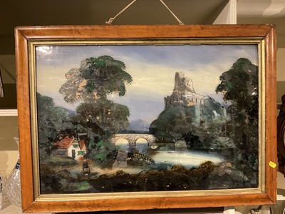 Lot 368 - 19th century reverse painting on glass, in maple frame, 19th oil on canvas and an 18th century warming pan. (3)