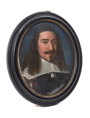 Lot 704 - Rare mid-17th century miniature oil on copper, gentleman with white collar, oval, inscribed and with coat of arms verso