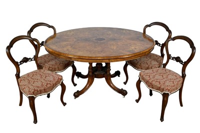 Lot 1340 - Victorian burr walnut inlaid oval breakfast table and set of four chairs