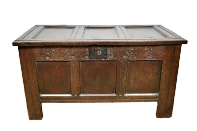 Lot 1345 - 18th century carved oak coffer