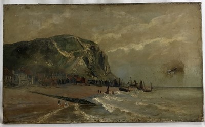 Lot 11 - English naive school, late 19th century - 'On the South Coast', Hastings, inscribed verso, 51cm x 31cm unframed