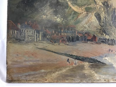 Lot 11 - English naive school, late 19th century - 'On the South Coast', Hastings, inscribed verso, 51cm x 31cm unframed