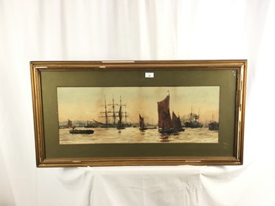 Lot 39 - Charles Edward Dixon (1872-1934) watercolour - Off Tilbury Docks, signed, titled and dated 1900, 27cm x 75cm, in glazed gilt frame