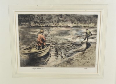 Lot 197 - Henry Wilkinson (1921-2011) signed coloured etching - Landing the Catch, 6/250, 27c x 36cm, in glazed frame