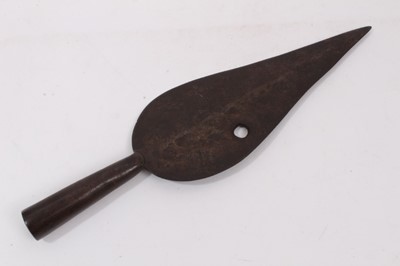 Lot 834 - Unusual antique bronze tribal spear head, apparently with musket ball hole to blade